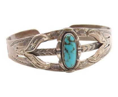 925 Sterling Silver Vintage Bracelet BELL NAVAJO Etched Turquoise Cuff  BT11966