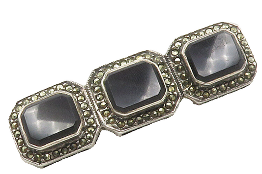 925 Sterling Silver  Vintage Black Onyx & Marcasite Shiny Brooch Pin  BP6120