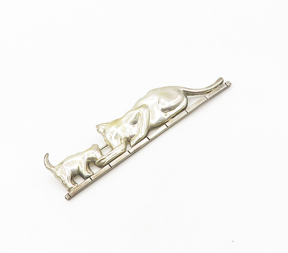 MEXICO 925 Sterling Silver  Vintage Shiny Mom & Baby Cat Brooch Pin  BP6591