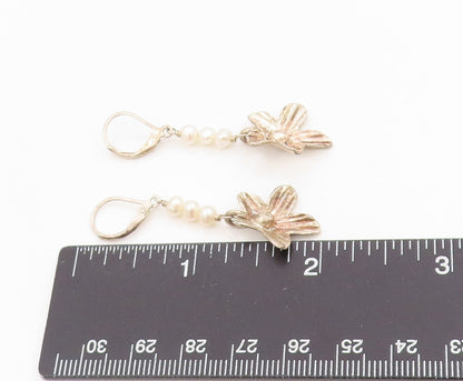 925 Sterling Silver Vintage Earrings Round Pearl Etched Floral Dangles  EG13804
