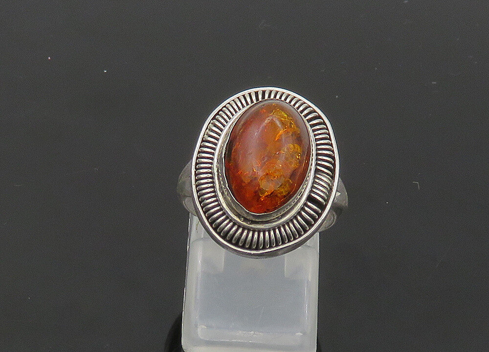 925 Sterling Silver  Vintage Cabochon Cut Amber Cocktail Ring Sz 5  RG21732