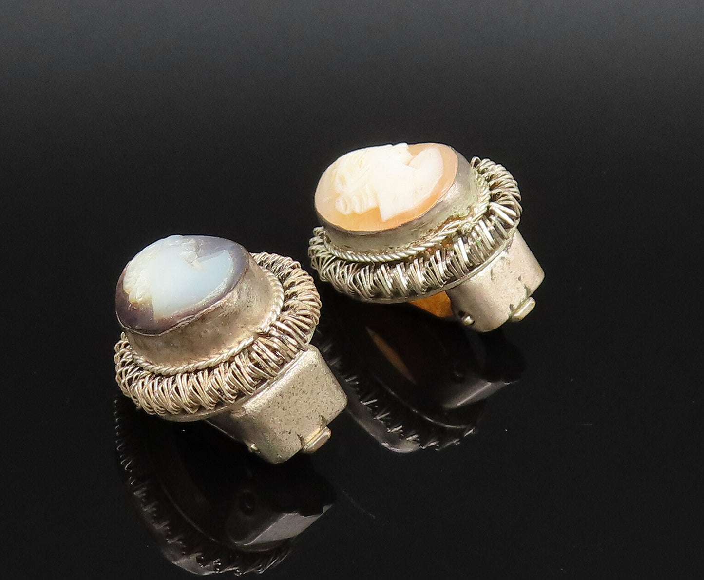 EUROPEAN 925 Silver  Vintage Carved MOP Cameo Non Pierced Earrings  EG12139