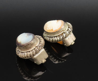 EUROPEAN 925 Silver  Vintage Carved MOP Cameo Non Pierced Earrings  EG12139
