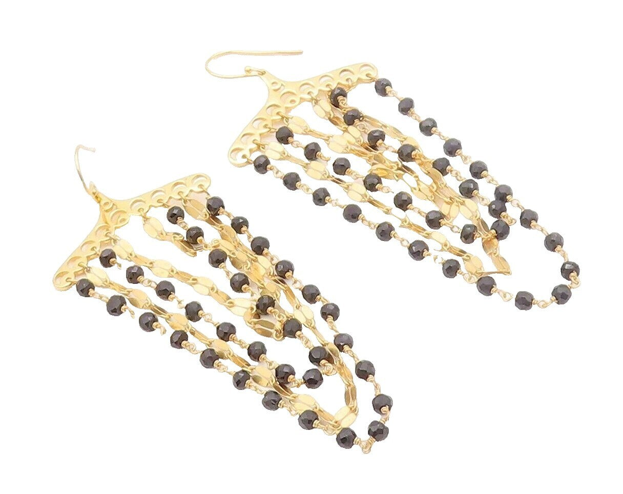 925 Sterling Silver Vintage Earrings Gold Plated Dangling Beaded Onyx  EG13161