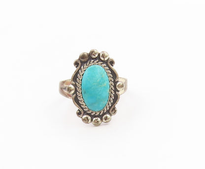 925 Sterling Silver Vintage Ring POST BELL Cabochon Turquoise Band Sz 6 RG34719