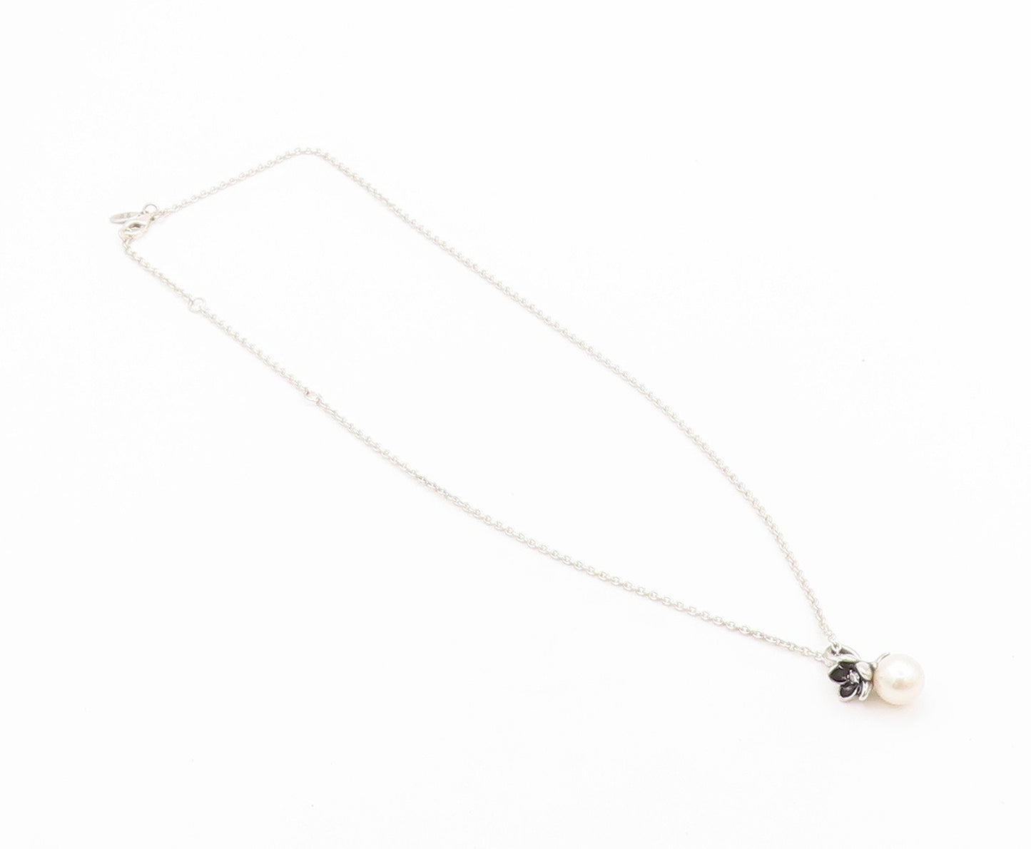 925 Sterling Silver Vintage Necklace PANDORA Pearl & Dark Tone Flower  NE4493