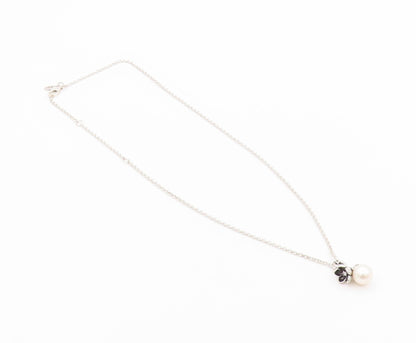 925 Sterling Silver Vintage Necklace PANDORA Pearl & Dark Tone Flower  NE4493