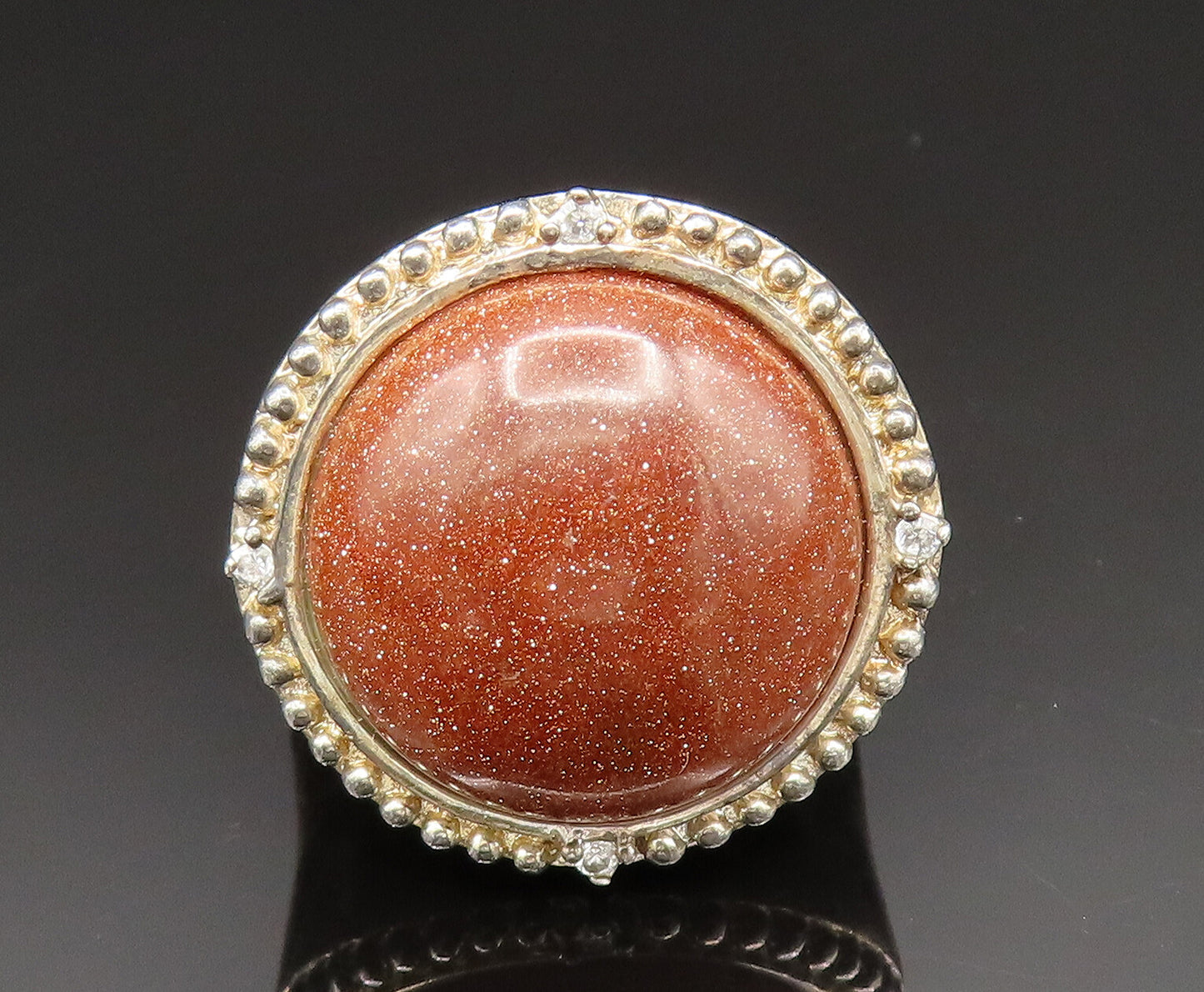 925 Silver  Vintage Beaded Border Cabochon Drusy & Topaz Ring Sz 7  RG24857
