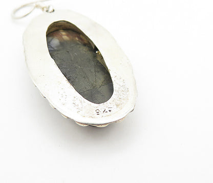 925 Sterling Silver  Vintage Jasper Circle Border Oval Dangle Earrings  EG3212