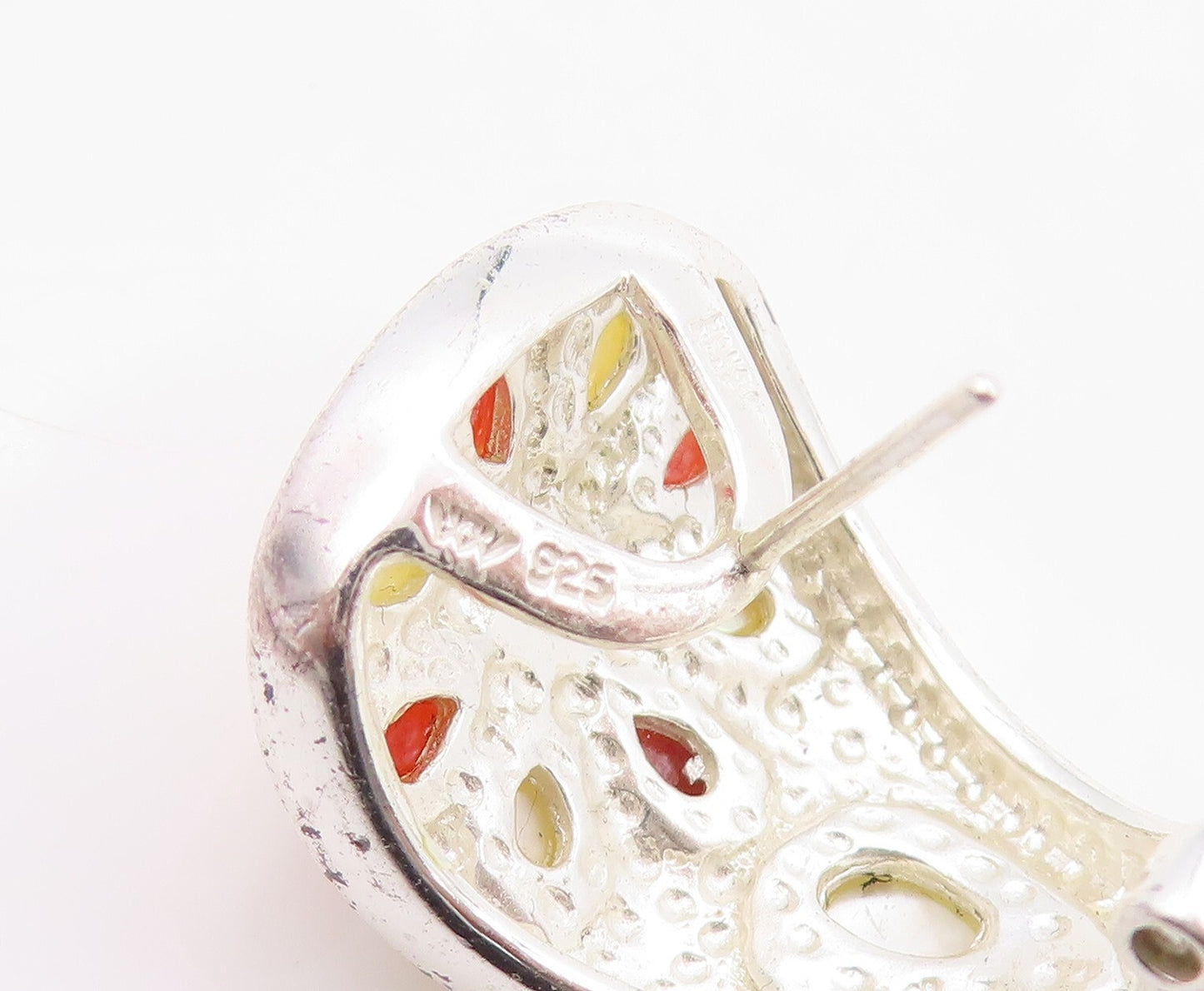 925 Sterling Silver Vintage Earrings Mother Of Pearl & Carnelian Flower EG13397