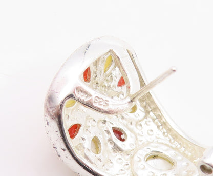 925 Sterling Silver Vintage Earrings Mother Of Pearl & Carnelian Flower EG13397