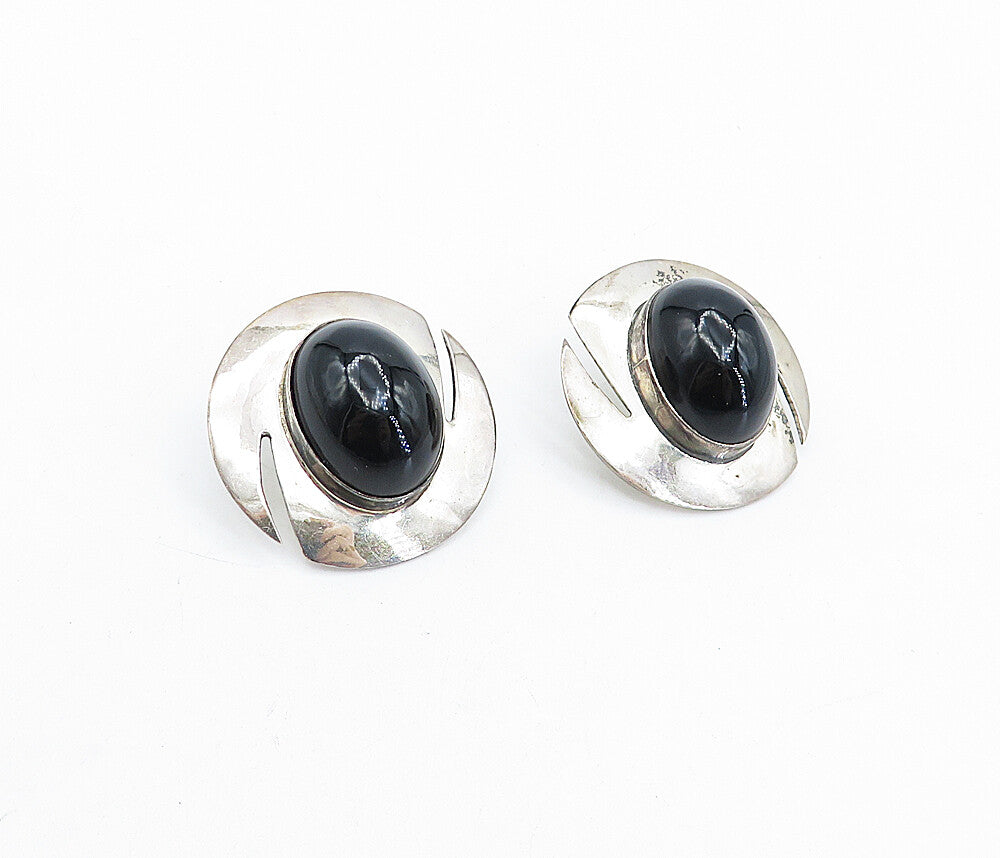 MEXICO 925 Sterling Silver  Vintage Cabochon Black Onyx Drop Earrings  EG2472