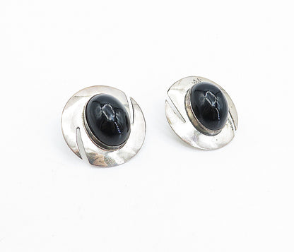 MEXICO 925 Sterling Silver  Vintage Cabochon Black Onyx Drop Earrings  EG2472