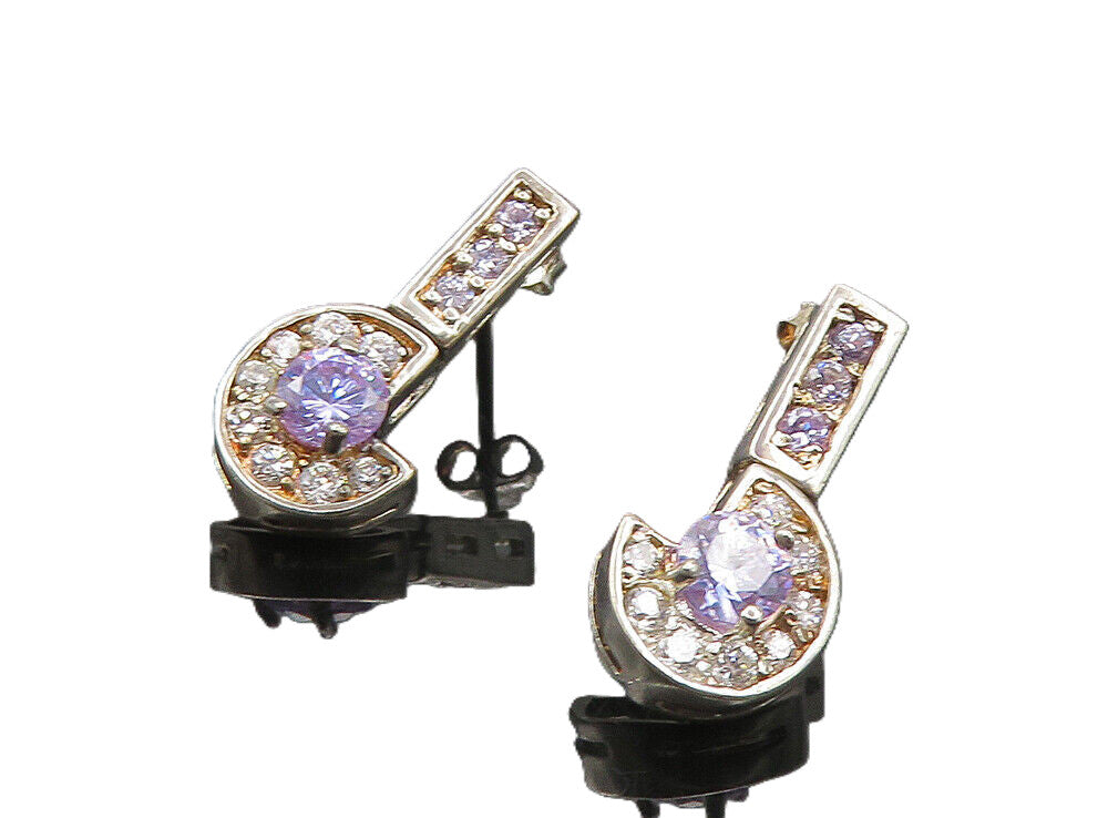 925 Sterling Silver  Vintage Shiny Purple Cubic Zirconia Drop Earrings  EG4846