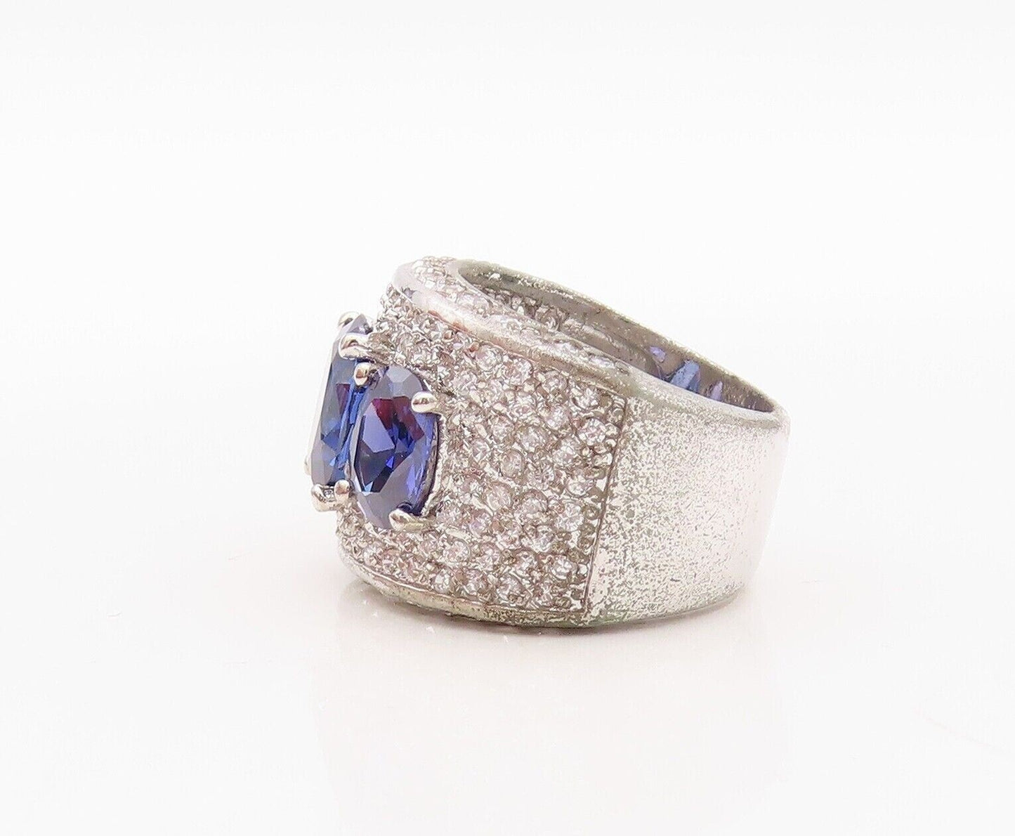 925 Sterling Silver Vintage Ring Broad Band Sapphire & CZ Inlay  Sz 7  RG29983
