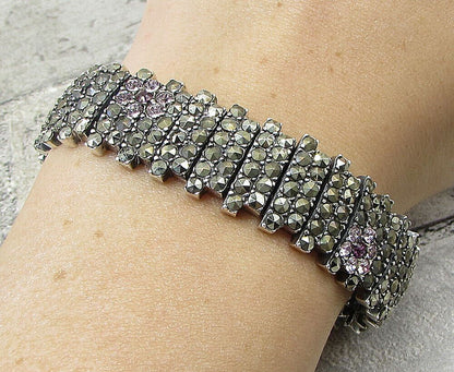 925 Sterling Silver  Topaz & Marcasite Floral Tennis Bracelet  BT1014