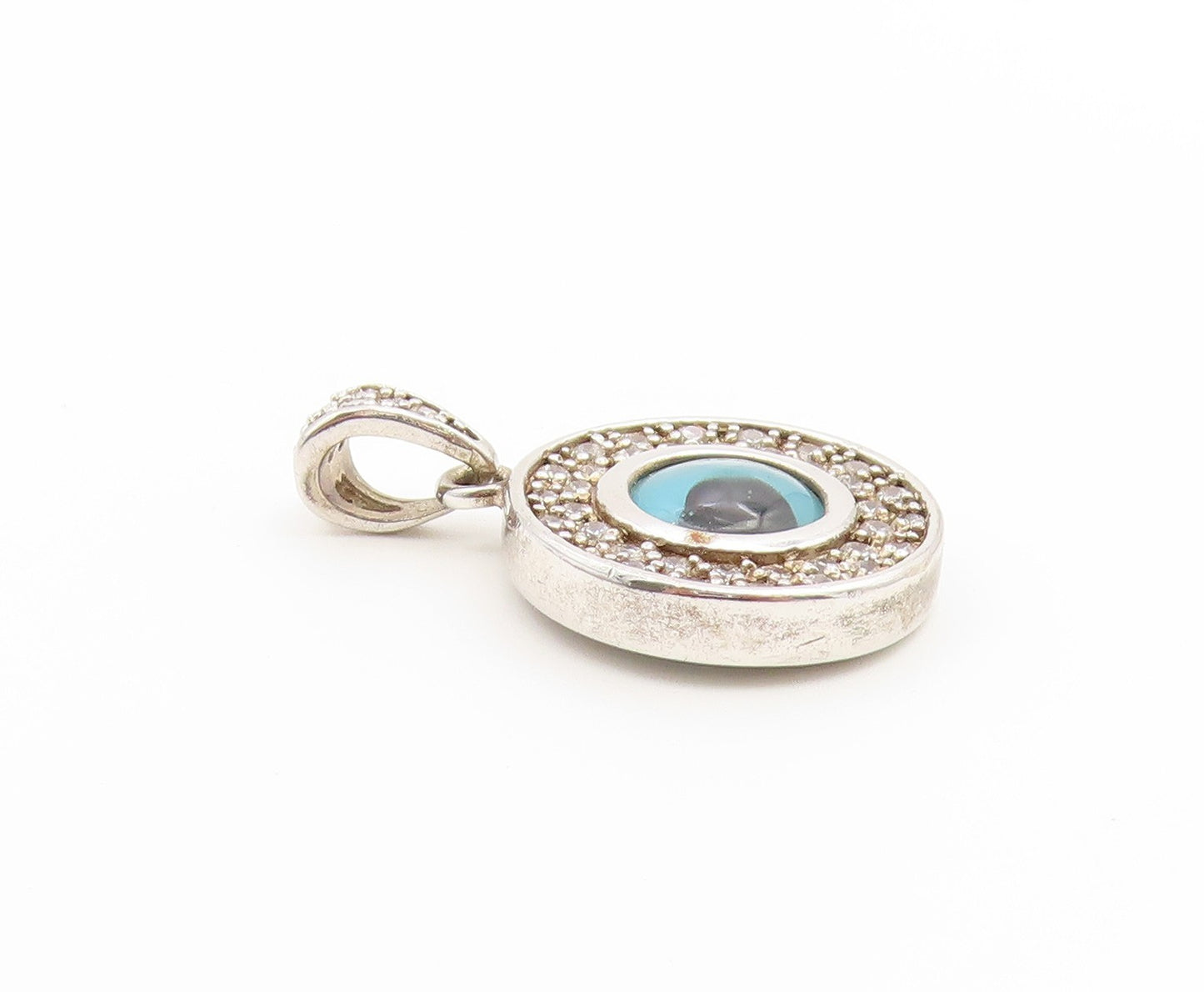 925 Sterling Silver Vintage Pendant CZ Classic Enamel Evil Eye Medal  PT26543