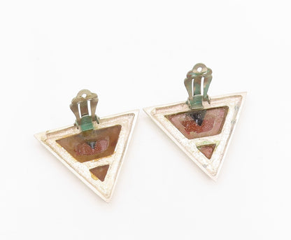 925 Sterling Silver Vintage Earrings Multi Gemstone Triangular Clip On  EG13801