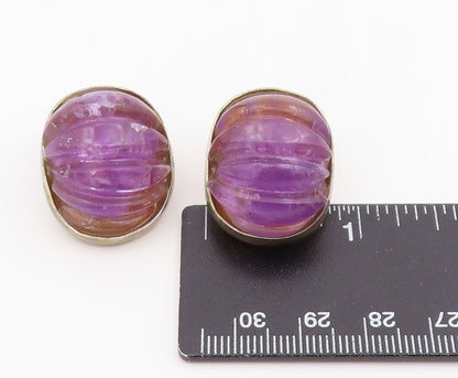 925 Sterling Silver Vintage Earrings Carved Amethyst Button Clip On  EG14131