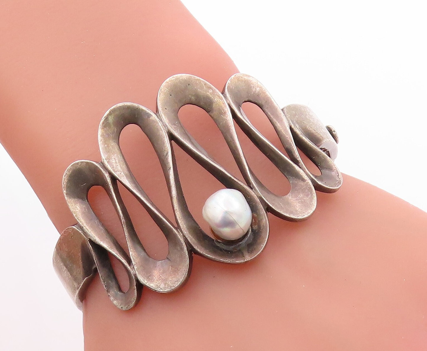 925 Sterling Silver Vintage Bracelet MIGUEL MELENDEZ TAXCO Pearl On Wave BT11033
