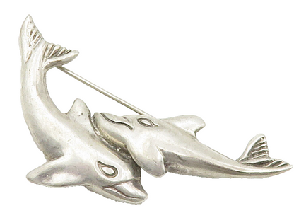 MEXICO 925 Sterling Silver  Vintage Double Dolphin Love Brooch Pin  BP5986
