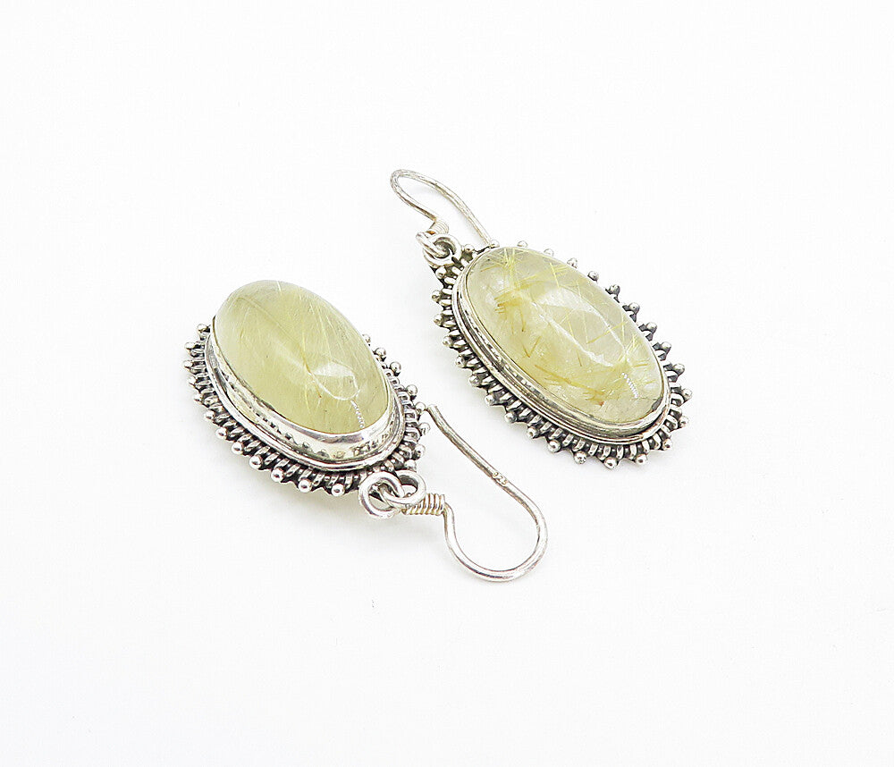 925 Sterling Silver  Vintage Cabochon Rutilated Quartz Dangle Earrings  EG3635