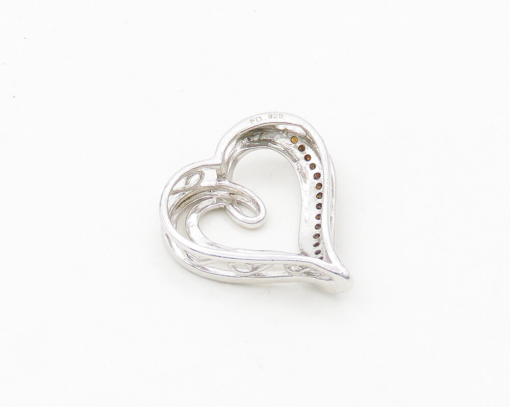 925 Sterling Silver  Shiny Genuine Diamonds Open Love Heart Pendant  PT14935