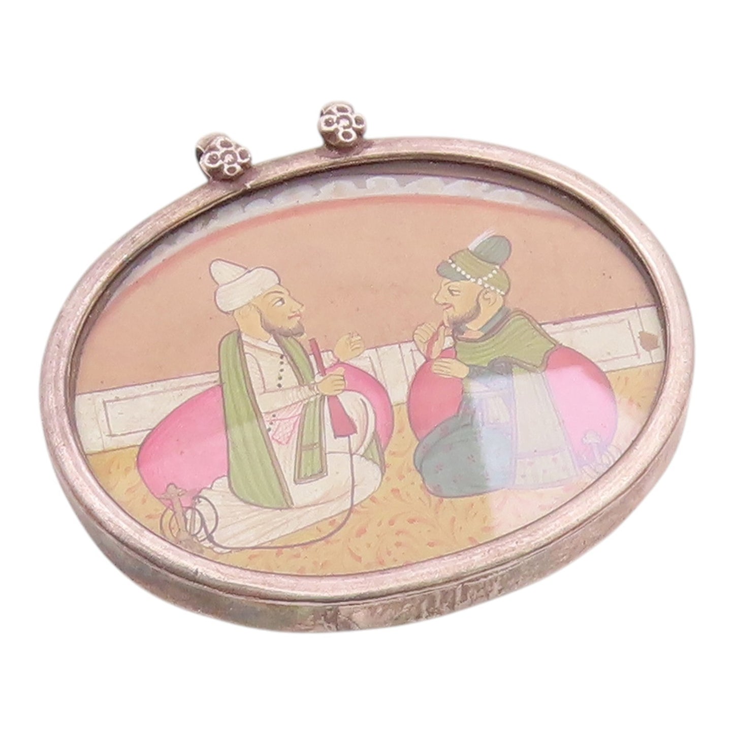 925 Sterling Silver  Vintage Antique Hookah Scene Oval Pendant  PT15679