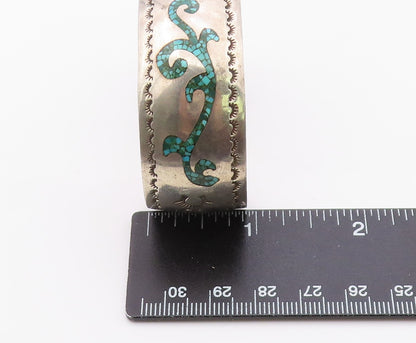 925 Sterling Silver Vintage Bracelet NAVAJO ZUNI Crushed Turquoise Cuff  BT12097