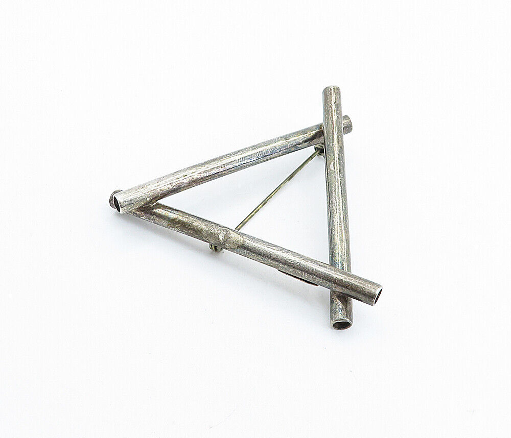 MEXICO 925 Sterling Silver - Vintage Oxidized Triangle Tubes Brooch Pin - BP2503