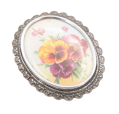 925 Sterling Silver Vintage Brooch Pin ENGLAND Flowers Enameled Carved BP11330