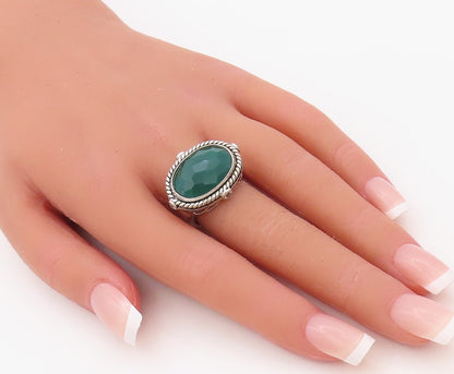 925 Sterling Silver Vintage Ring Twisted Rope Oval Green Onyx & CZ Sz 7  RG30304