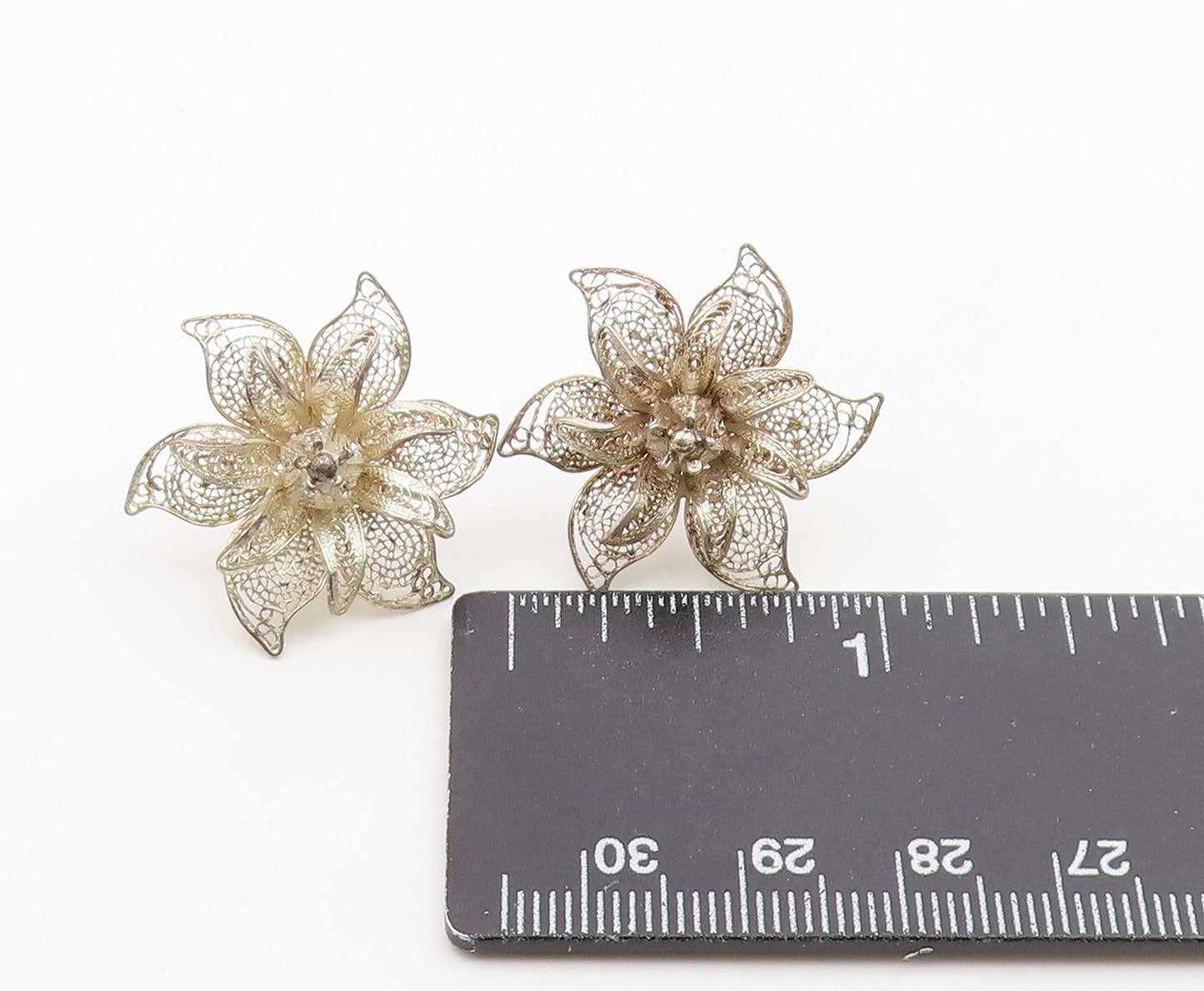 925 Sterling Silver Vintage Earrings Classic Intricate Filigree Flower  EG14482
