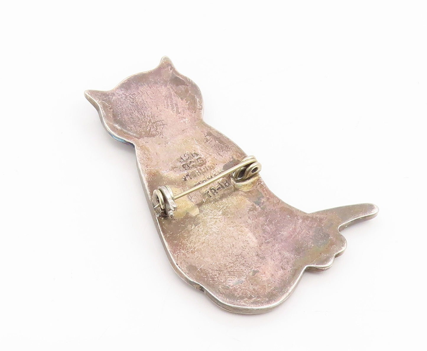 925 Sterling Silver Vintage Brooch Pin TAXCO Abalone Inlay Modernist Cat BP12428