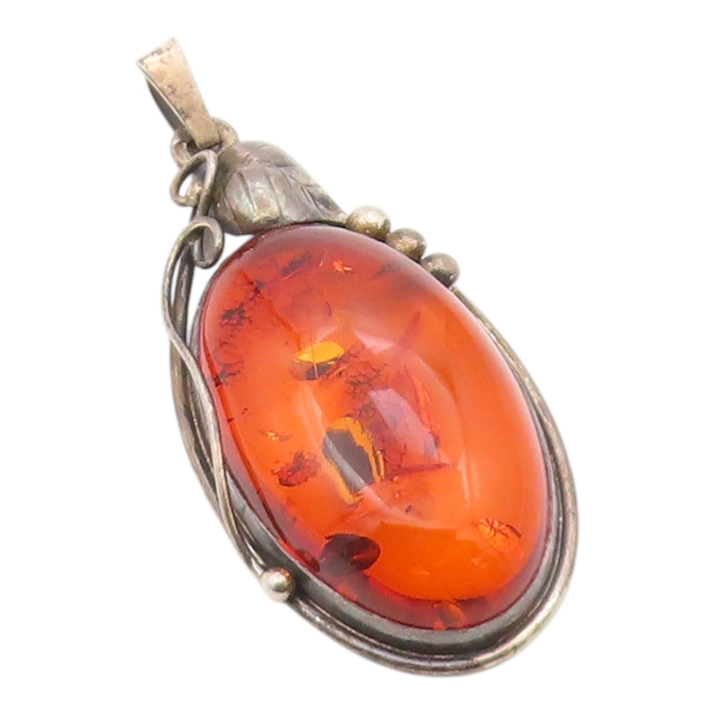 925 Sterling Silver Vintage Pendant POLAND Cabochon Amber Leaf & Berry  PT26354