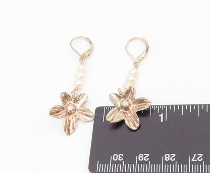 925 Sterling Silver Vintage Earrings Round Pearl Etched Floral Dangles  EG13804
