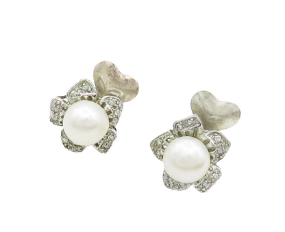 925 Sterling Silver  Vintage Pearl & Topaz Flower Motif Stud Earrings  EG9581