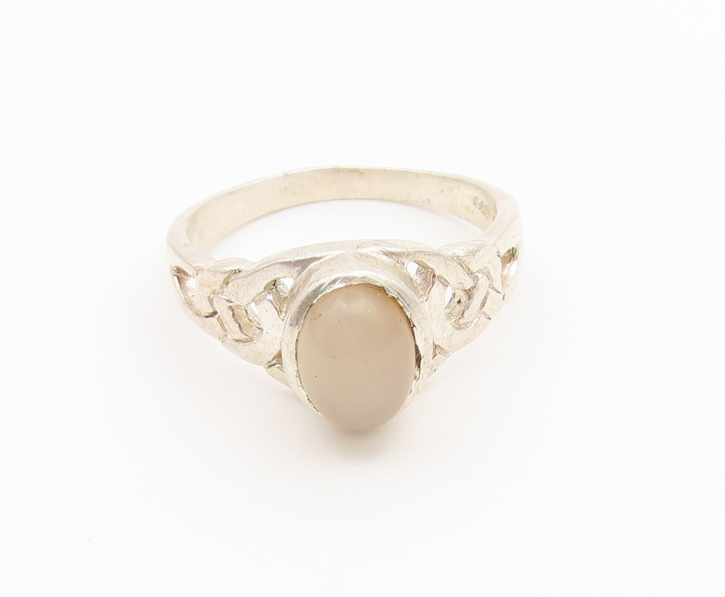 925 Sterling Silver Vintage Ring Oval Moonstone Celtic Knotwork  Sz 7.5  RG36918