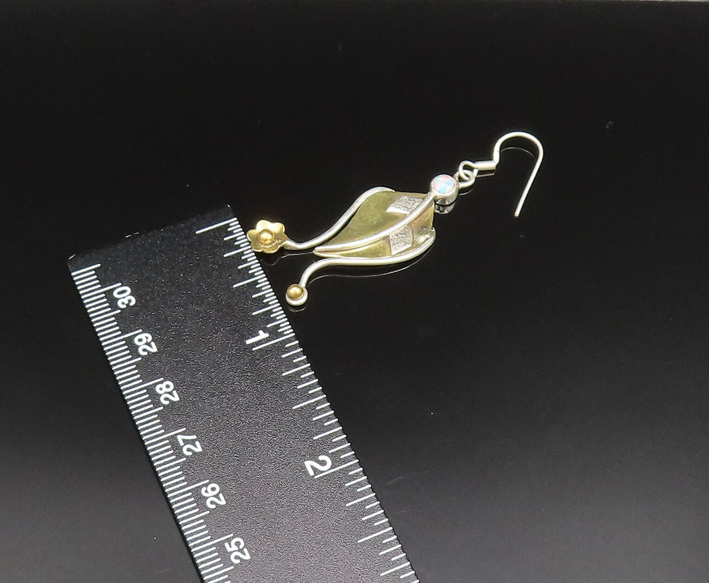 925 Silver  Vintage Two Tone Floral Leaf Stem Fire Opal Earrings  EG11746