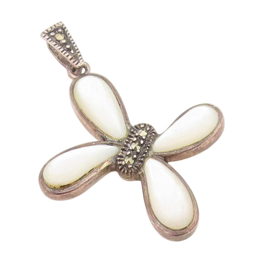 925 Sterling Silver Vintage Pendant Mother Of Pearl & Marcasite Charm  PT25566