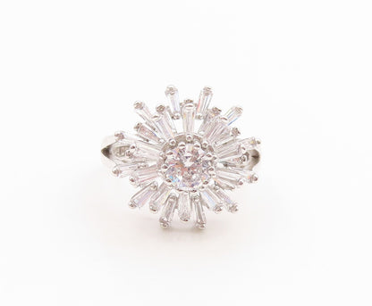 925 Sterling Silver Vintage Ring Elegant CZ Starburst Flower Spins Sz 7 RG35831