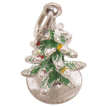 925 Sterling Silver Vintage Pendant Enameled Cozy Christmas Tree Charm  PT26454
