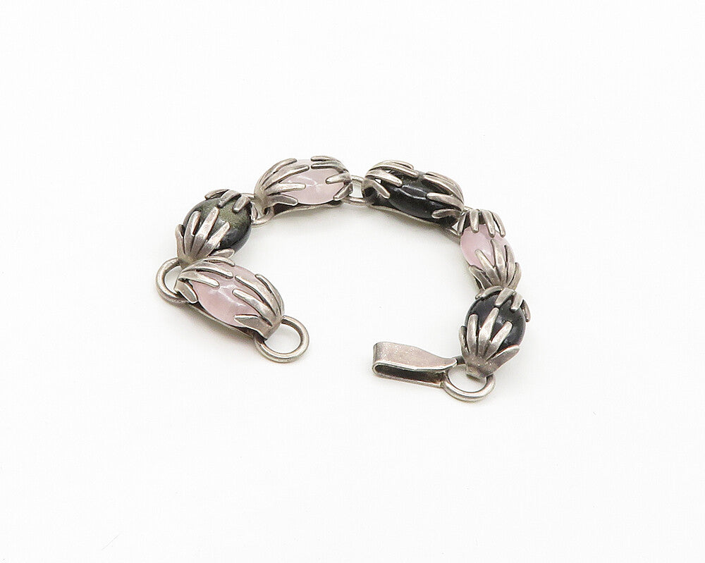 ROSI MEXICO 925 Silver  Vintage Black Onyx & Rose Quartz Chain Bracelet BT6957