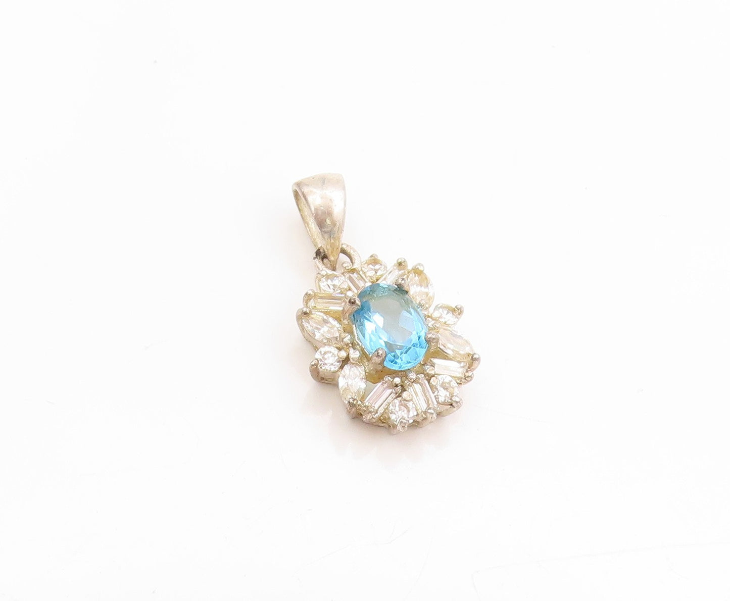 925 Sterling Silver Vintage Pendant Blue Topaz & CZ Floral Design Charm  PT25139