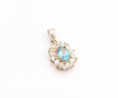 925 Sterling Silver Vintage Pendant Blue Topaz & CZ Floral Design Charm  PT25139