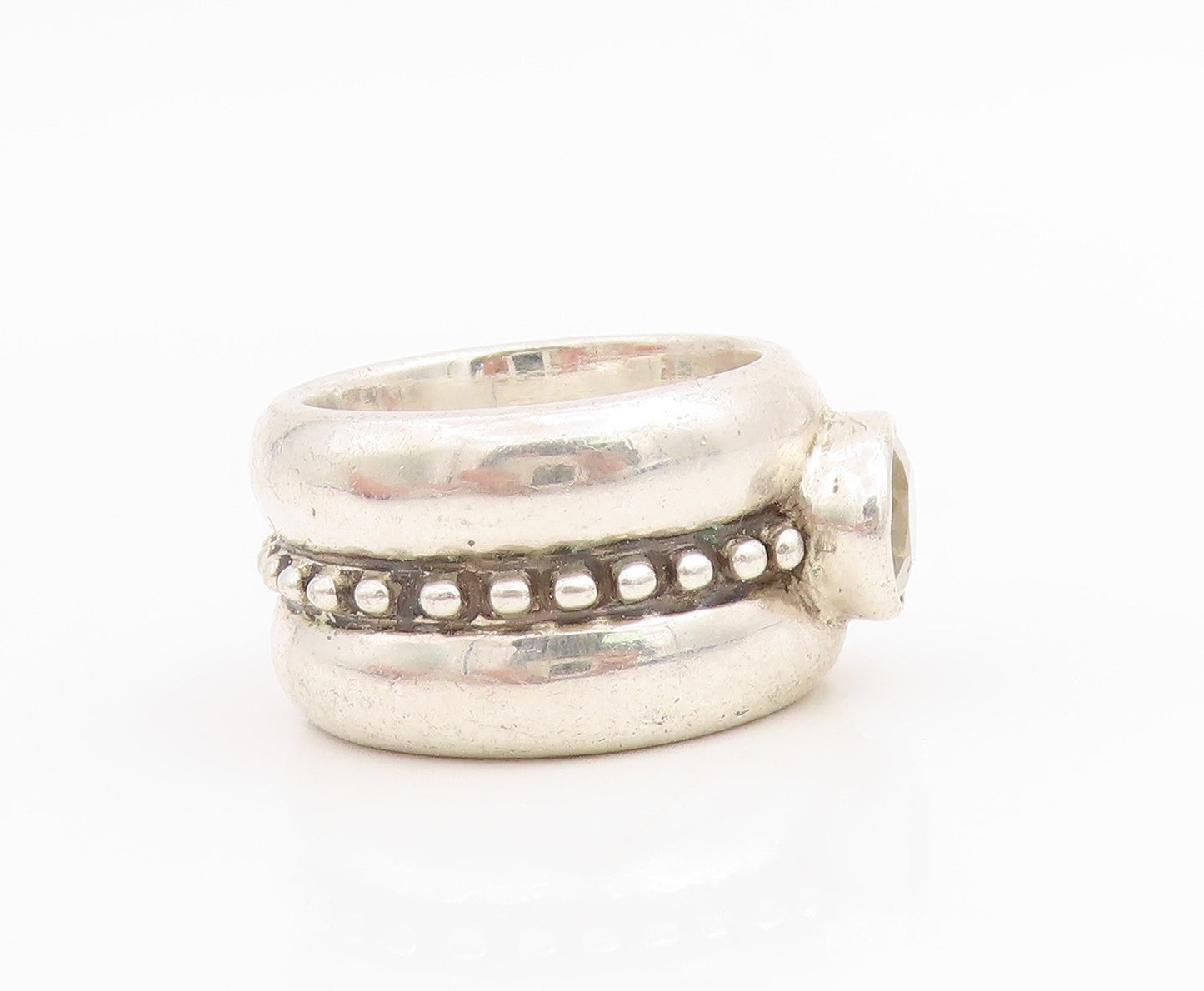 925 Sterling Silver Vintage Ring Bezel Set Citrine Beaded Band  Sz 5.5  RG34772