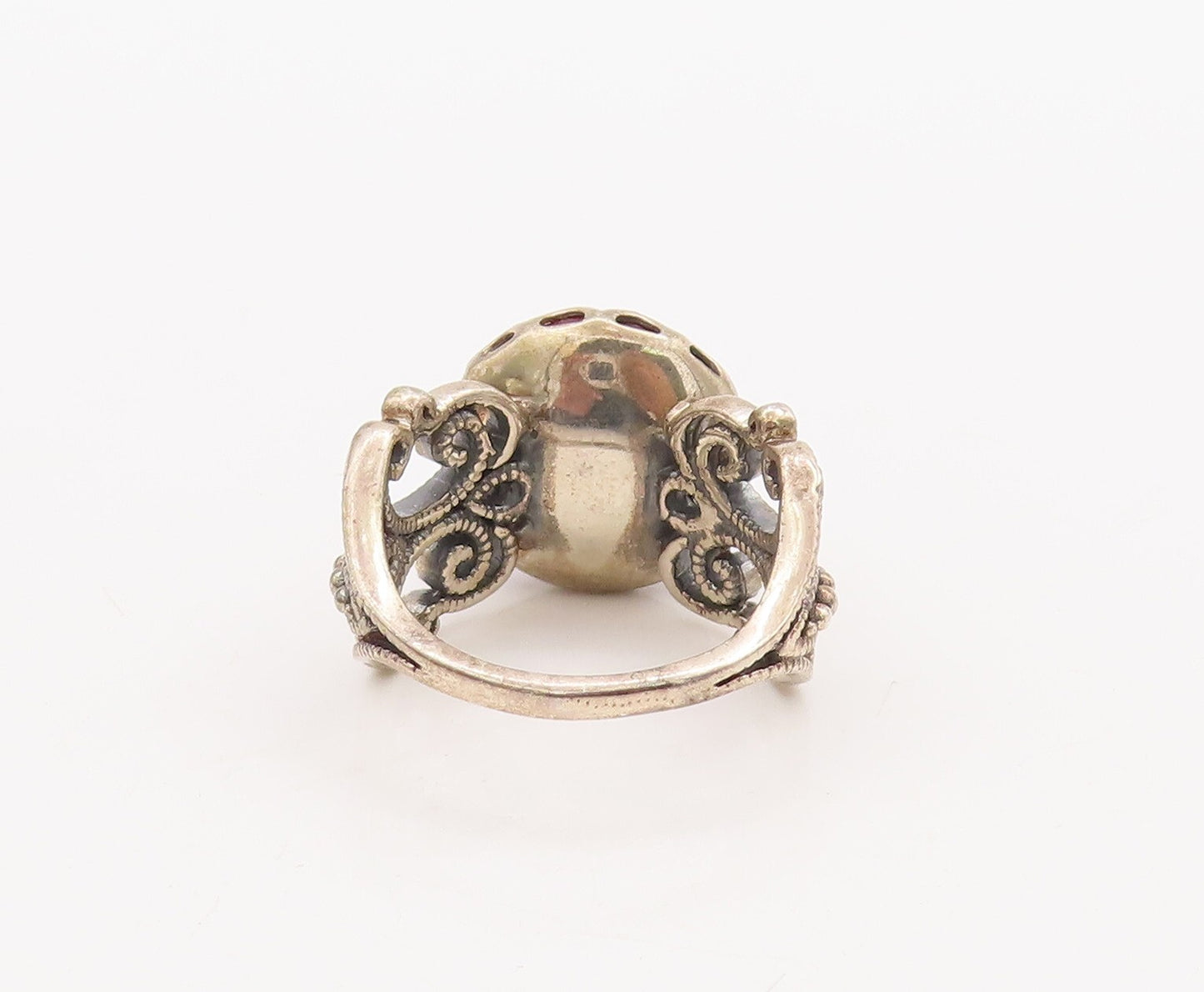 925 Sterling Silver Vintage Ring Swirly Carved Red Gemstone  Sz 8.5  RG29528