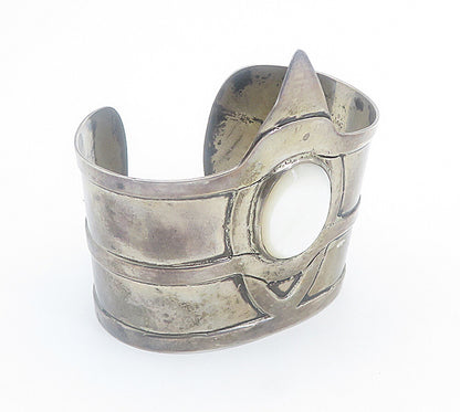 925 Sterling Silver  Vintage Antique Mother Of Pearl Cuff Bracelet  BT3385