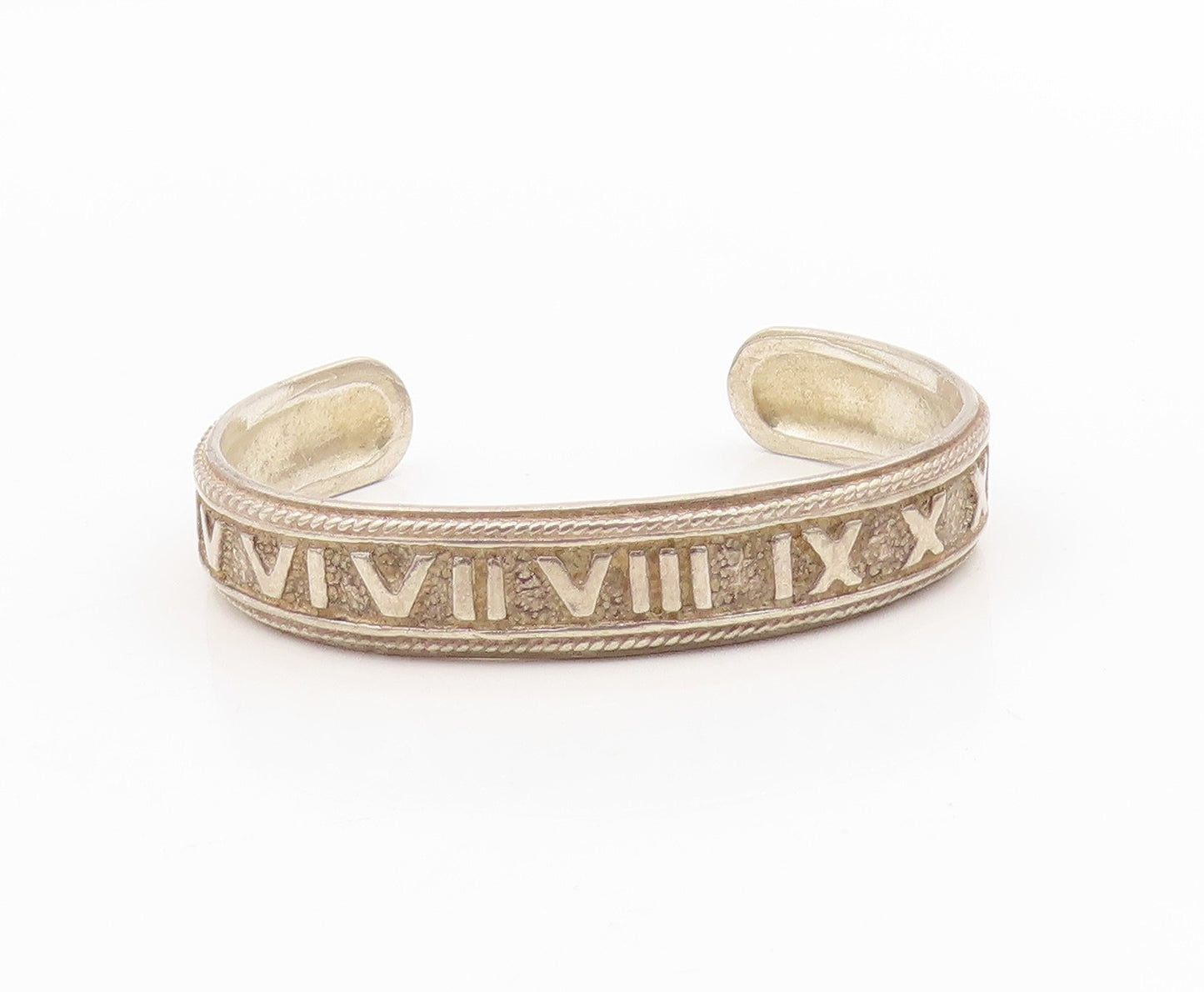 925 Sterling Silver Vintage Bracelet Bold Roman Numerals Rope Edge Cuff  BT11564