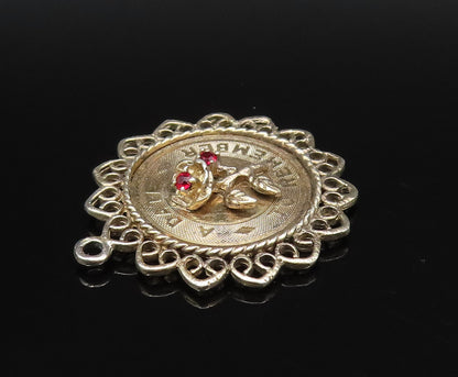 925 Sterling Silver Vintage Date To Remember Garnet Flower Medal Pendant PT21859